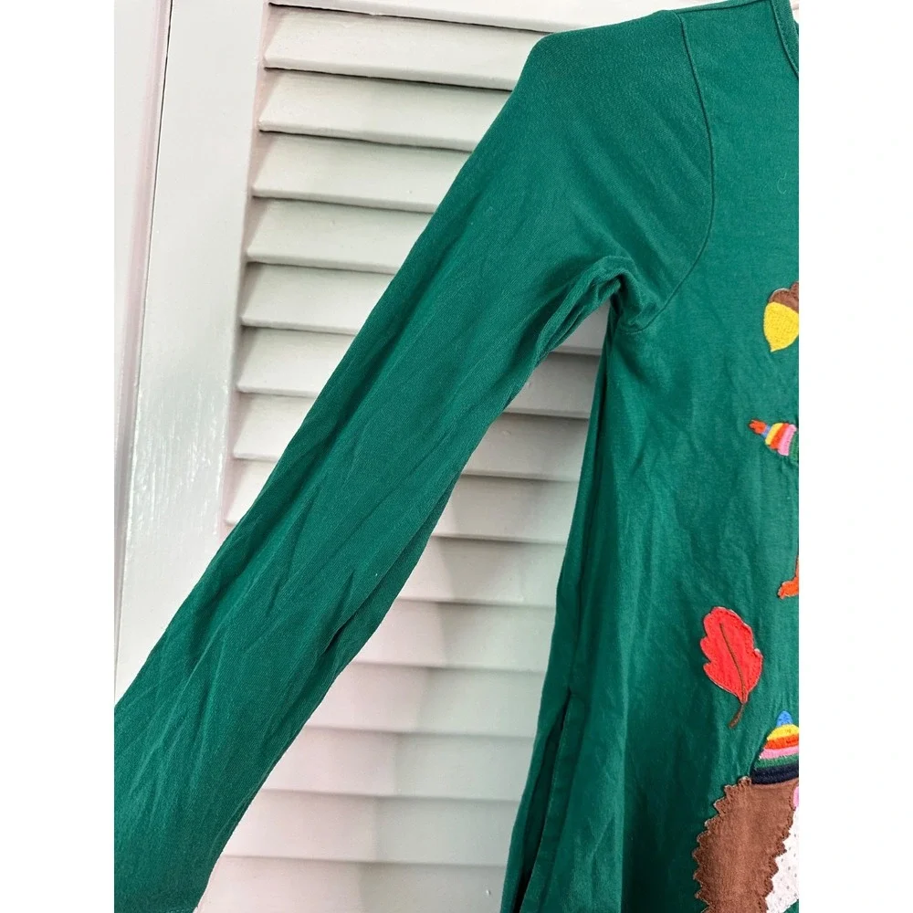 Mini Boden Size 7-8 Green Fall Autumn Forest Animals Applique Long Sleeve Dress